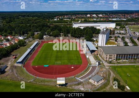 Brandenburg An Der Havel, Germany. 13th July, 2020. View of the stadium at Quenz (also known as Stahlstadion), home ground of BSV Stahl Brandenburg. (shot with a drone). (to 'Sports field to football temple: The stadiums of the last upper league clubs') Credit: Paul Zinken/dpa-Zentralbild/ZB/dpa/Alamy Live News Stock Photo