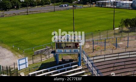 Brandenburg An Der Havel, Germany. 13th July, 2020. View into the stadium at Quenz (also known as Stahlstadion), home ground of BSV Stahl Brandenburg. (shot with a drone). (to 'Sports field to football temple: The stadiums of the last upper league clubs') Credit: Paul Zinken/dpa-Zentralbild/ZB/dpa/Alamy Live News Stock Photo