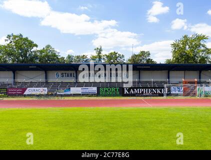 Brandenburg An Der Havel, Germany. 13th July, 2020. View into the stadium at Quenz (also known as Stahlstadion), home ground of BSV Stahl Brandenburg. (to 'Sports field to football temple: The stadiums of the last upper league clubs') Credit: Paul Zinken/dpa-Zentralbild/ZB/dpa/Alamy Live News Stock Photo