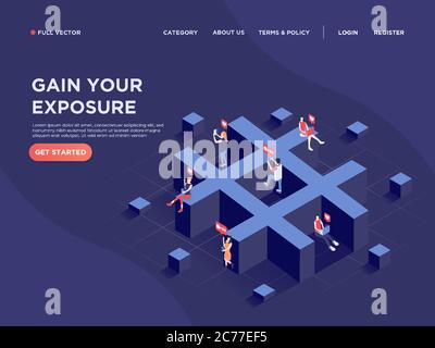 People interacting with others via social media and hashtag to gain exposure and share informations. 3d isometric. Landing page concept. Flat vector Stock Vector