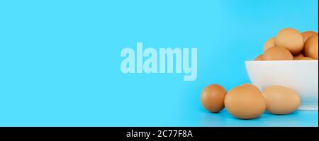 Fresh chicken eggs in white bowl and chicken eggs on blue background with copy space. Uncooked raw eggs in bowl isolated banner. Stock Photo