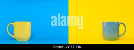 Blue cup on yellow background and yellow cup on blue background with copy space. Blue cup with handle and yellow with handle. Stock Photo