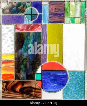 Abstract Geometric Stained Glass Window Panel, Inspired by Frank Lloyd Wright Stock Photo