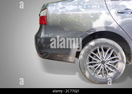 Car crash. Beside the gray color car have scratch from damage. Close up scratch. Isolate on white background. Save with cliping path. Stock Photo