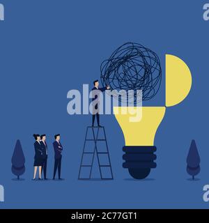 Man put tangled string on lamp metaphor of problem solving and idea. Business flat vector concept illustration. Stock Vector