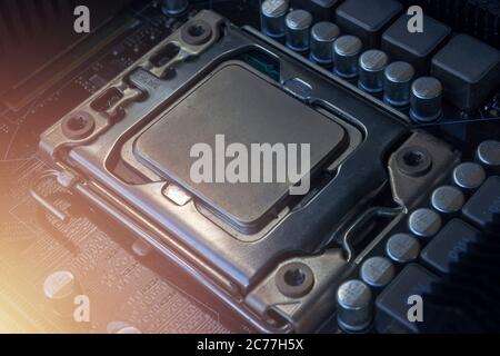 Close up cpu socket on motherboard Computer PC with cpu processor Stock Photo
