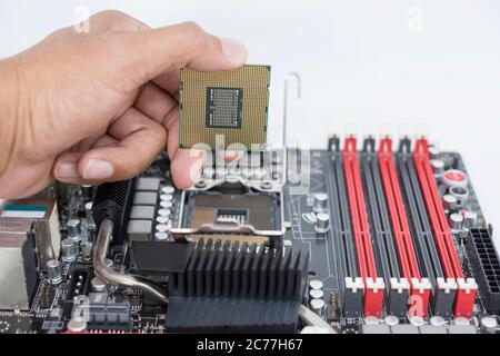 Hand holding CPU show the ic surface and have motherboard open socket mount for cpu isolated on white bakcground Stock Photo