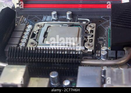 Close up cpu socket on motherboard Computer PC with cpu processor Stock Photo