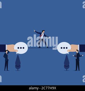 Business flat vector concept man juggling on the rope between to chat bubble metaphor of communication. Stock Vector