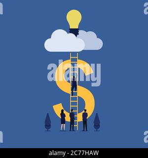 Business flat vector concept man climb ladder to cloud to take idea metaphor of online idea. Stock Vector