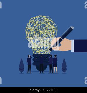Business flat vector concept hand draw tangled thread above lamp metaphor of problem solving. Stock Vector