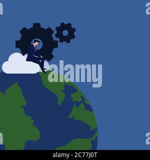 Business flat vector concept businessman work on cloud with gear and globe metaphor of global update. Stock Vector