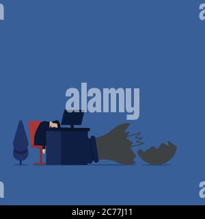 Business flat vector concept man tired on the desk with dead broken lamp metaphor of dead end. Stock Vector