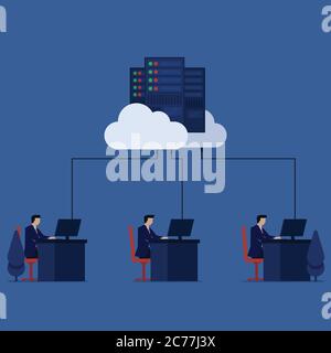 Business flat vector concept employee work at desk office connected to cloud data center metaphor of cloud storage. Stock Vector