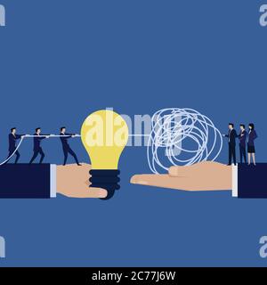 Business flat vector concept hand hold idea and other hold tangled string metaphor of problem solving and solution. Stock Vector