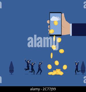 Business flat vector concept hand hold phone and coins fall from cloud metaphor of online earning. Stock Vector