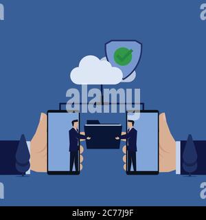 Business flat vector concept businessman exchanging folder from phone through the cloud securely metaphor of secure data sharing. Stock Vector