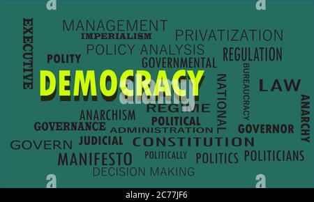 Democracy a political terminology presented with politics word cloud vector abstract. Stock Vector