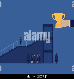 Businessman climb staircase while other wait on elevator to get trophy metaphor of cheating. Stock Vector