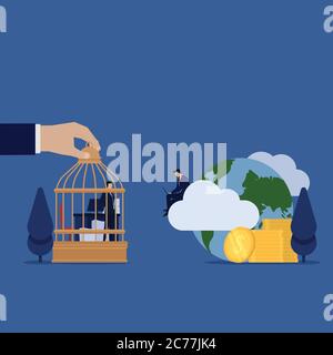 Businessman see other work freelance and get online money metaphor of compare freelance and office working. Stock Vector