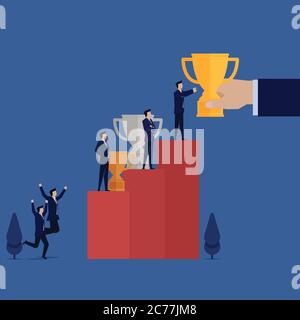 Businessman get gold trophy and silver on podium. Stock Vector