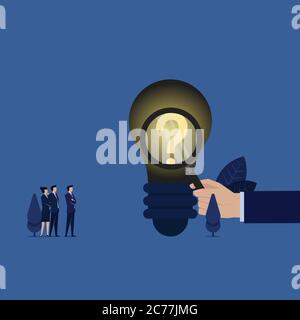 Business hand hold magnify search on idea find question mark metaphor of power of ask. Stock Vector