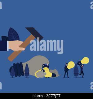Business hand hold hammer hit on idea bulb broken team bring little idea bulb metaphor of big and small idea. Stock Vector