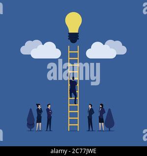 Businessman climb ladder to cloud and reach idea bulb metaphor of get idea. Stock Vector