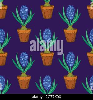 Seamless pattern with hyacinths in pots. Vector illustration. Stock Vector