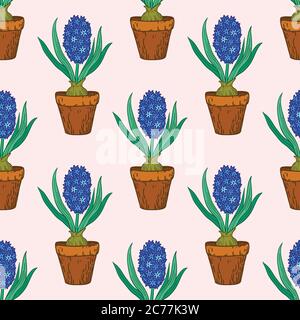 Seamless pattern with hyacinths in pots. Vector illustration. Stock Vector