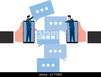 People arrange chat icon from phone metaphor of build good communication. Business flat vector concept illustration. Stock Vector