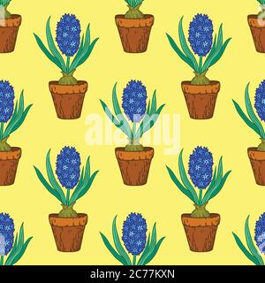 Seamless pattern with hyacinths in pots. Vector illustration. Stock Vector