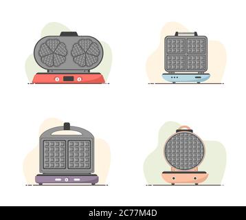 Waffle-iron. Set of waffle makers isolated on white. Cooking breakfast. Modern vector illustration in flat cartoon style. Stock Vector