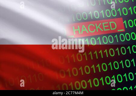 Poland hacked state security. Cyberattack on the financial and banking structure. Theft of secret information. On a background of a flag the binary code. Stock Photo