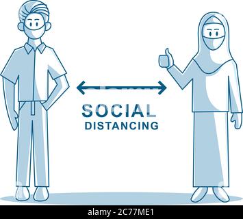 Man woman wearing protective face mask social distancing Stock Vector