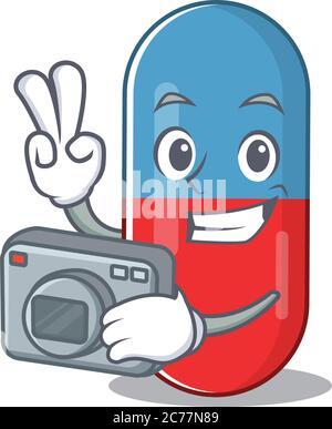 a proficient photographer pills drug cartoon design concept working with camera Stock Vector