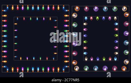 Set of square frames of different colored garlands and lights. Vector element for your creativity Stock Vector