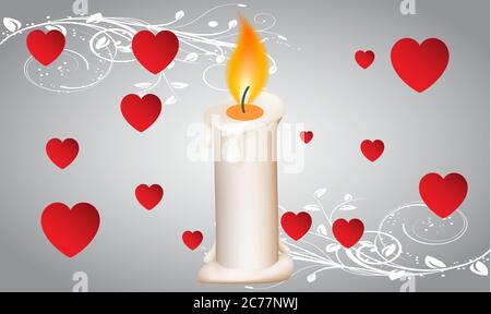 burning of realistic candle on abstract hearts background Stock Vector