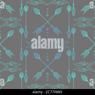 Boho Seamless texture with doodle arrows and feathers. Vector background for your creativity Stock Vector