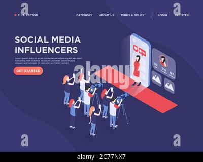 Landing page design of celebrity/ influencer walking on red carpet and greeting audience. 3d isometric vector image Stock Vector