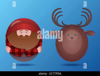 Set of cartoon round toy lumberjack and deer. Vector element for your creativity Stock Vector