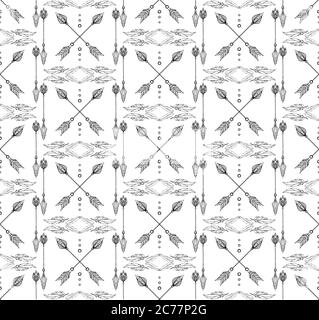 Seamless black and white boho texture of arrows and feathers. Vector element for cards, wallpaper, wrapping paper and your creativity Stock Vector