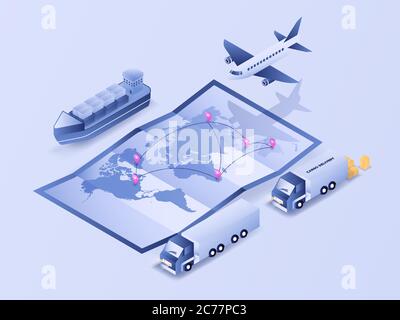 World map logistic tracking process via plane, truck, and shipping. 3D isometric illustration vector image Stock Vector