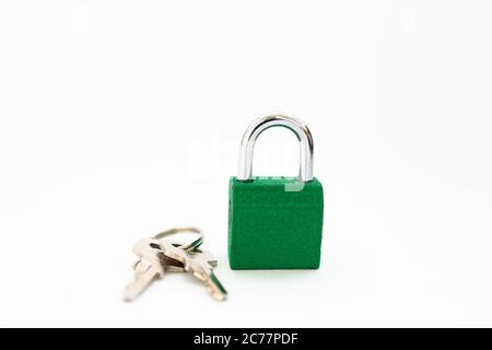 padlock with keys on a white background Stock Photo