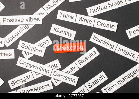 Cut paper inscription marketing on a red background, surrounded by other inscriptions on a dark background. Word cloud concept Stock Photo