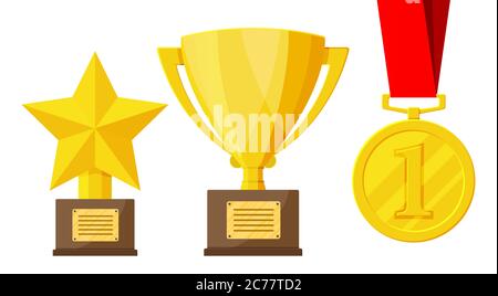 Trophy and awards icons set. Cups, medals and ribbons for winners. Different gold trophy for competitions. Award, victory, goal, champion achievement. Vector illustration in flat style Stock Vector