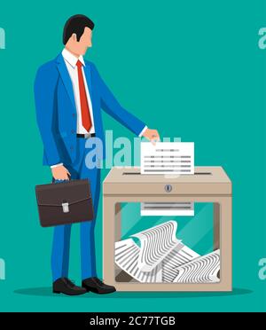Businessman and ballot box. Container with glass window and lock full of documents papers. Voting case for suggestions elections. Box for tips and donations. Vector illustration in flat style Stock Vector