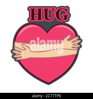 Hands hug red heart. Sticker, love symbol, flat design. Stock Vector