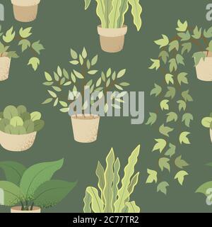 Veclor seamless pattern with house indoor plants on green background Stock Vector