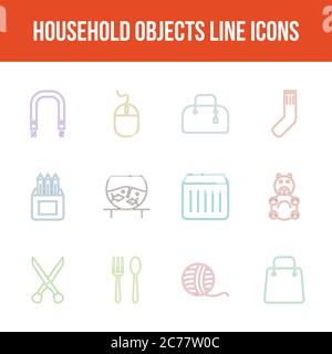 Unique household objects vector line icon set Stock Vector